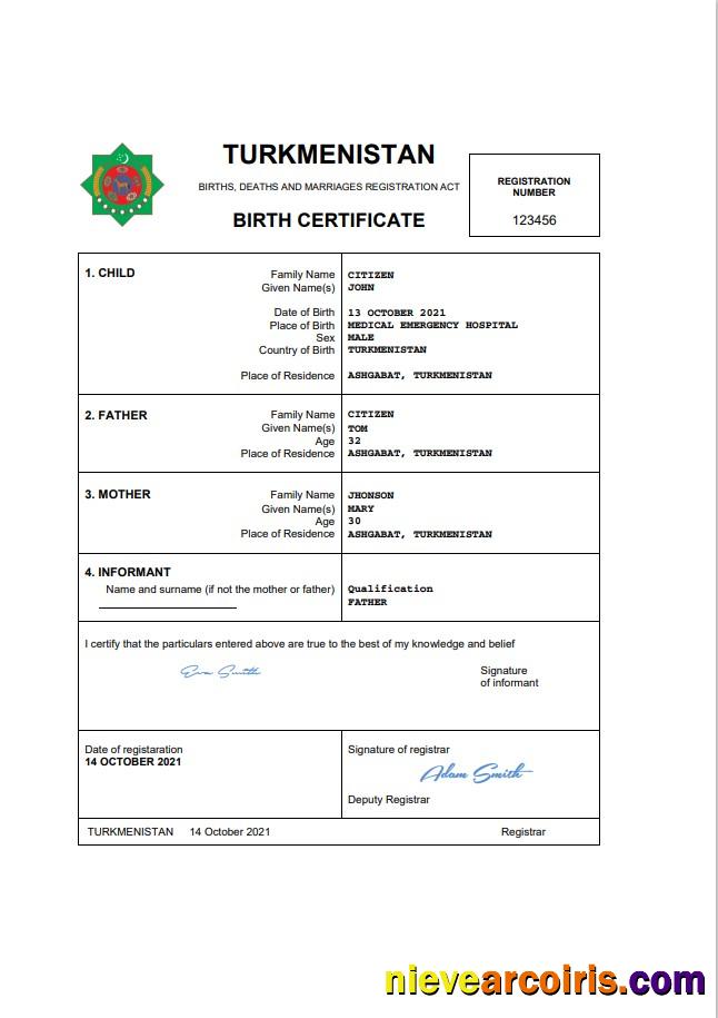 Turkmenistan vital record birth certificate